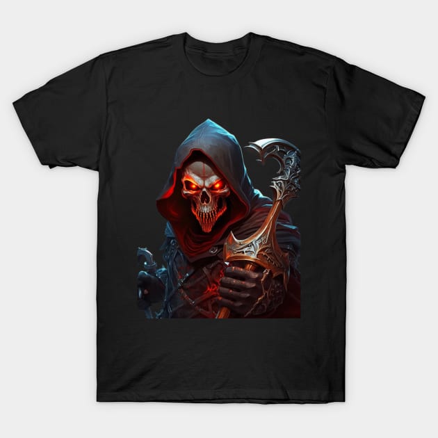 Sinister skull with red eyes with a scythe T-Shirt by newcoloursintheblock